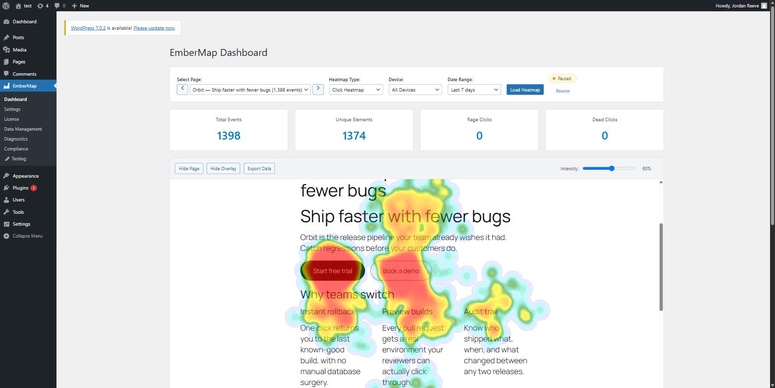 EmberMap click heatmap in the WordPress admin: warm zones concentrated on the primary call-to-action button, cooler activity across the three feature columns below.